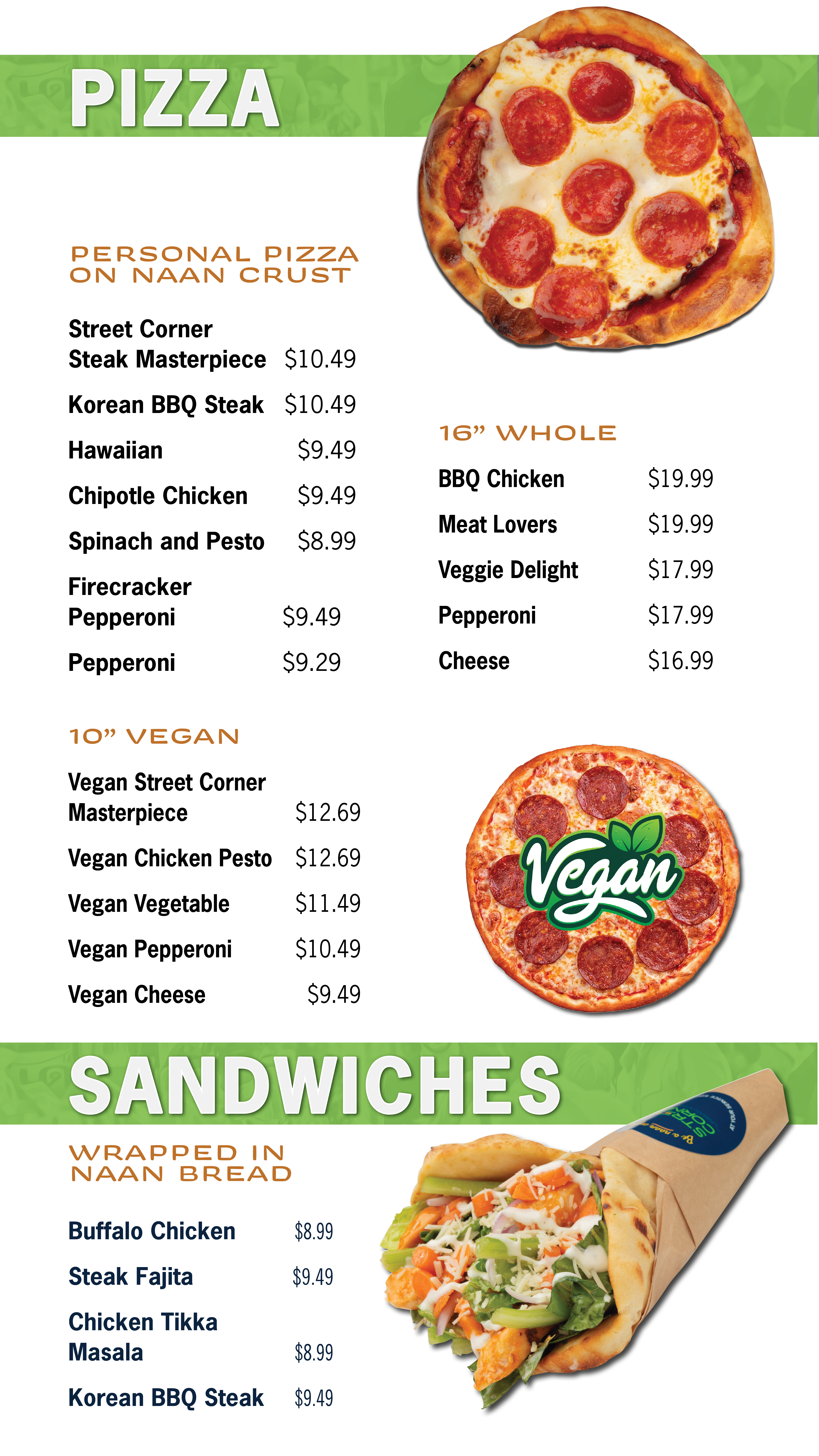 Tributory Village Menu - Pizza and Sandwiches